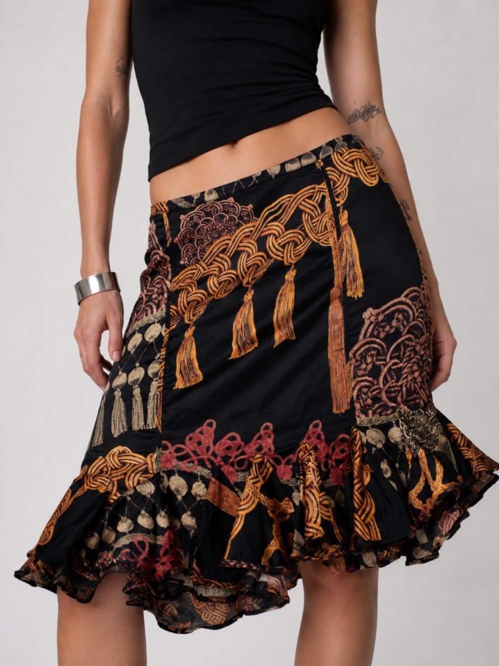Just Cavalli Silk Blend Ruffle Mermaid Midi Skirt Black Print Women’s M US 8 - Picture 1 of 8